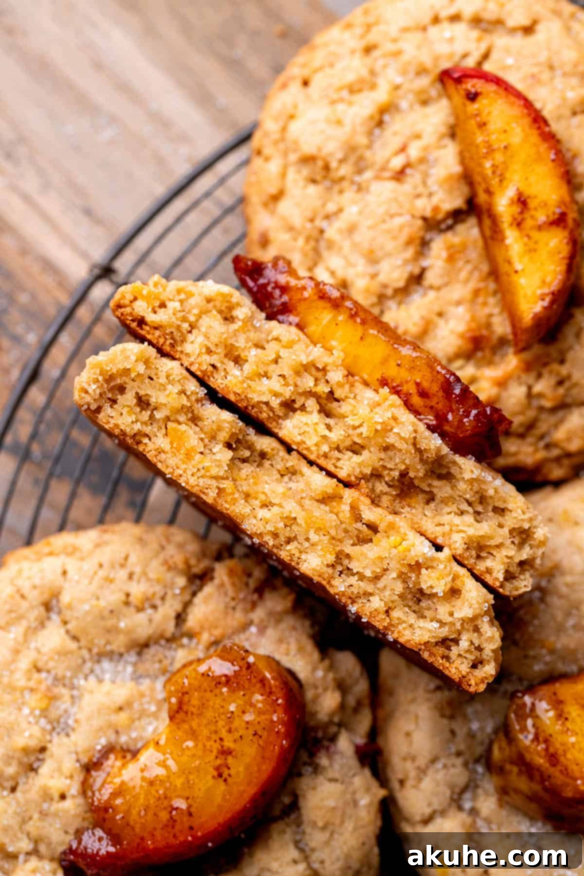 Sun-Kissed Peach Treats 10 A close-up top view of a peach cookie split in half, highlighting its delicious layers and the vibrant peach topping.