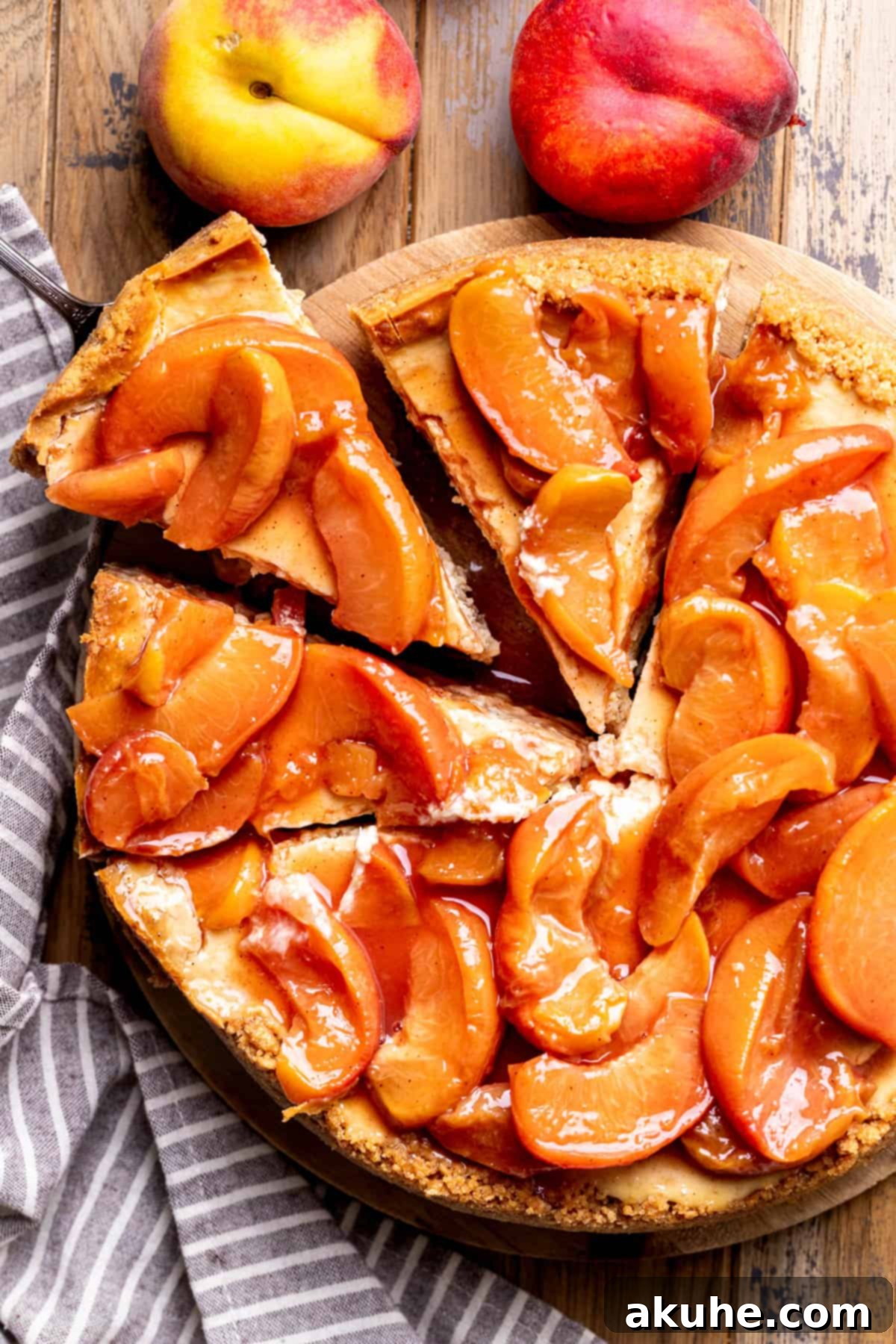 Luscious Peach Cheesecake 3 Top-down view of a freshly baked peach cheesecake with a slice being removed, showing its creamy texture and cobbler topping.