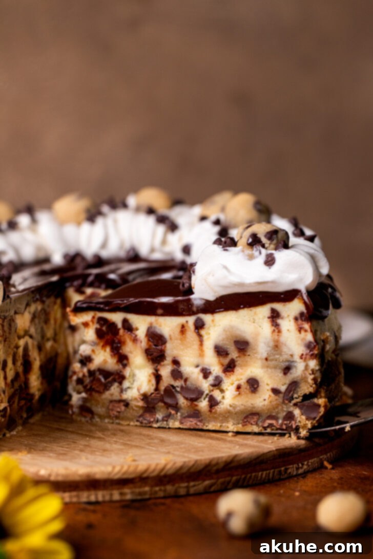 Side view of cookie dough cheesecake slice showcasing its distinct layers.