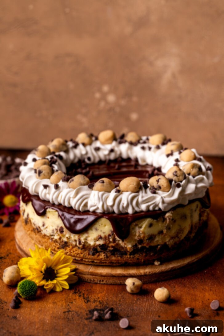 Fully decorated cookie dough cheesecake on an elegant wood board, ready to serve.