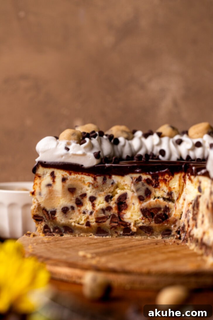 Close-up side view of the complete cookie dough cheesecake.