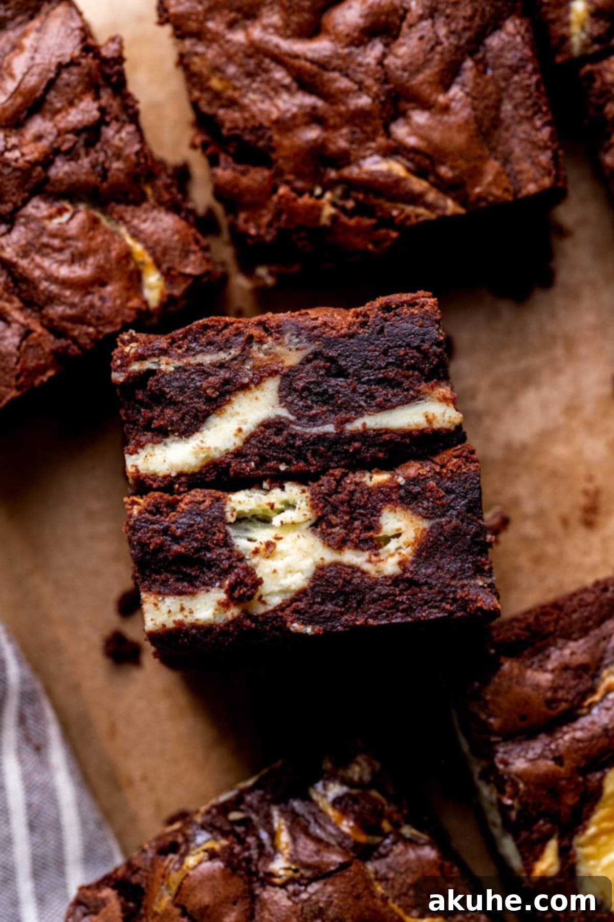 Decadent Cheesecake Brownies 2 Top view of cheesecake brownies, showcasing the beautiful swirl.
