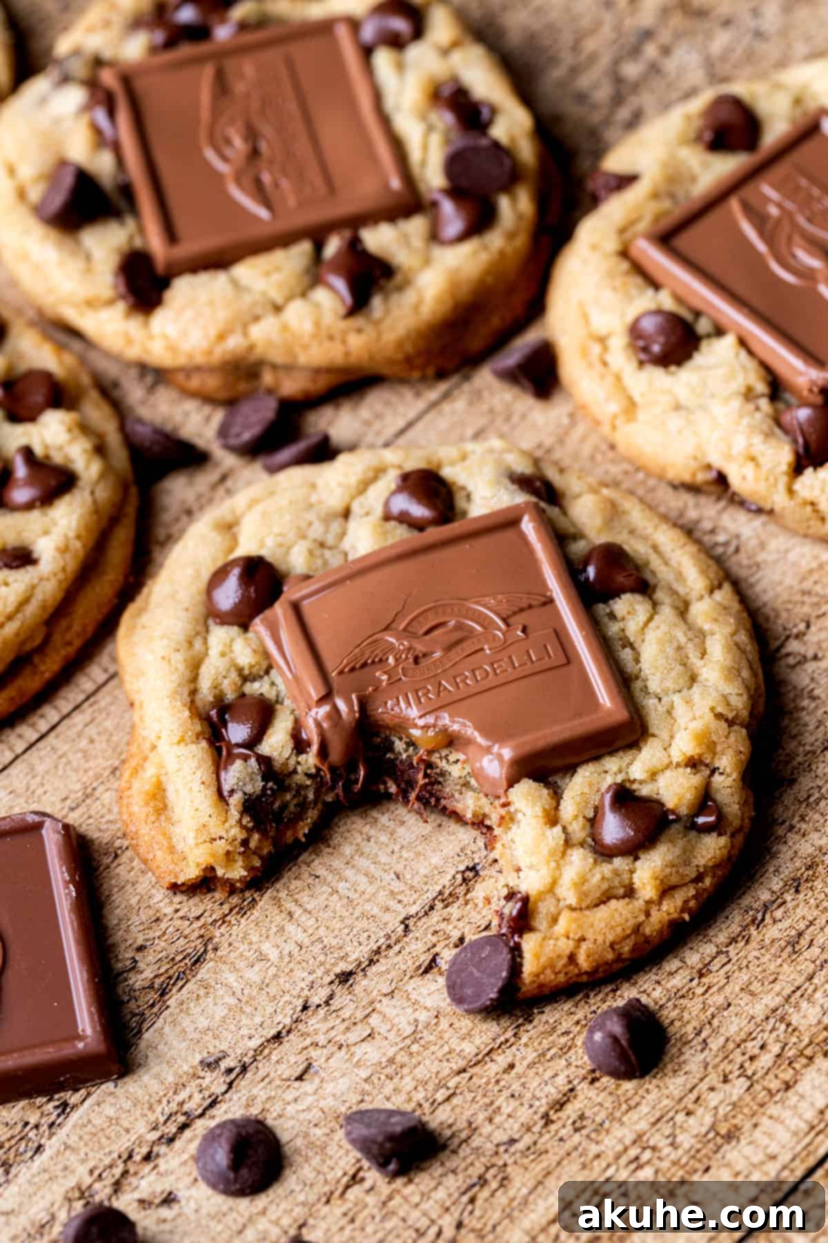 A perfectly baked brown butter chocolate caramel cookie with a bite taken out, revealing the gooey caramel center.