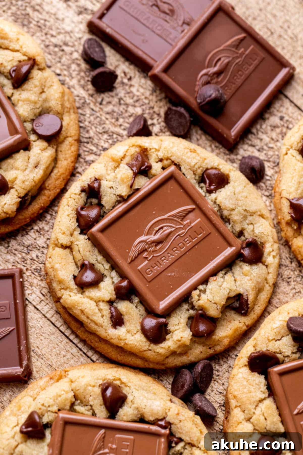 A close-up shot of a single brown butter chocolate caramel cookie, showcasing its textured surface and a perfectly melted caramel square on top.