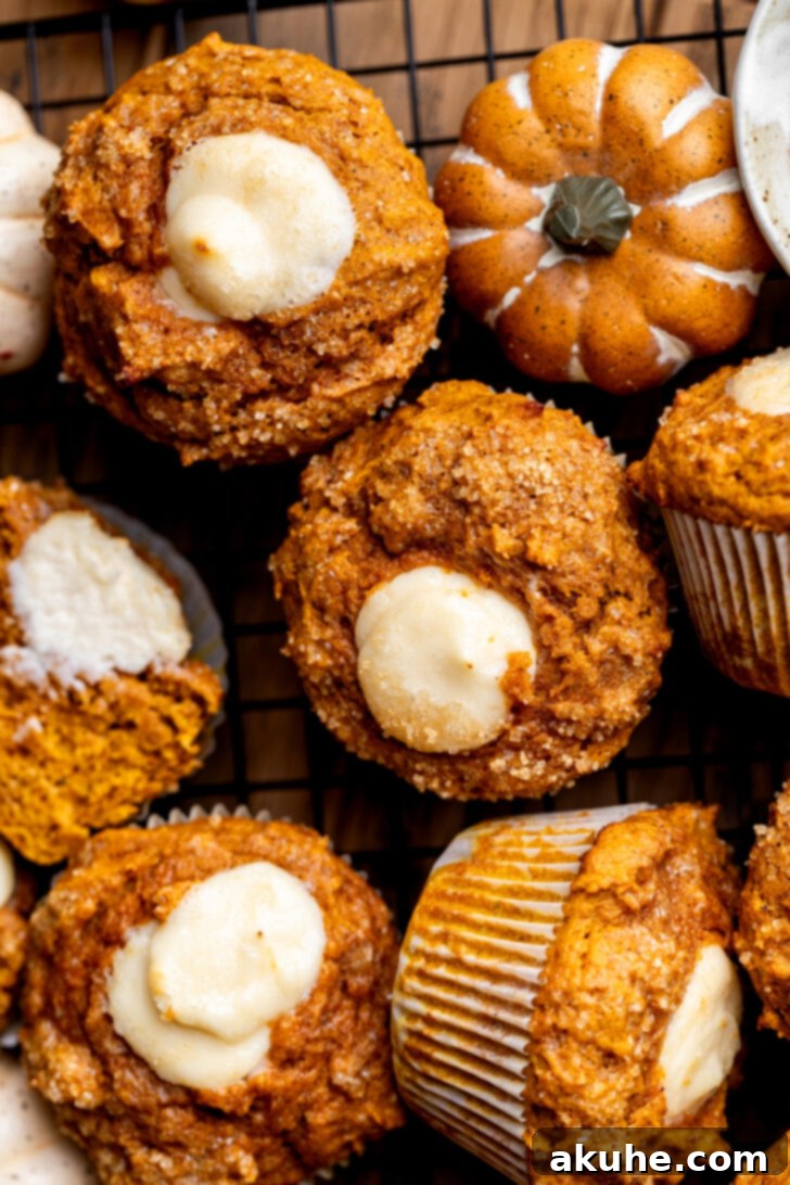 Close-up top view of freshly baked Pumpkin Cream Cheese Muffins, highlighting their golden tops and the creamy swirl within.