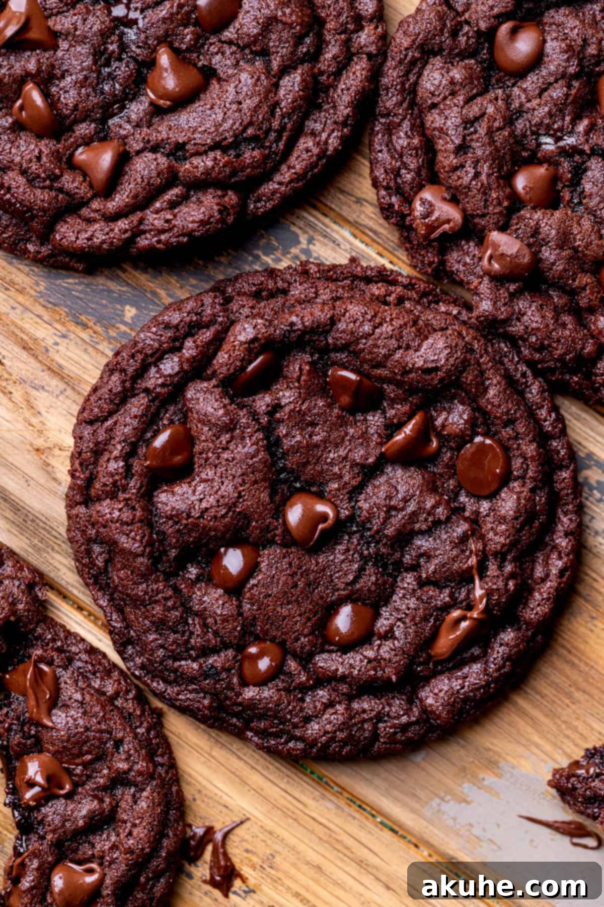 Fudgy Chocolate Delights 3 Top view of freshly baked chocolate fudge cookies, sprinkled with extra chocolate chips.