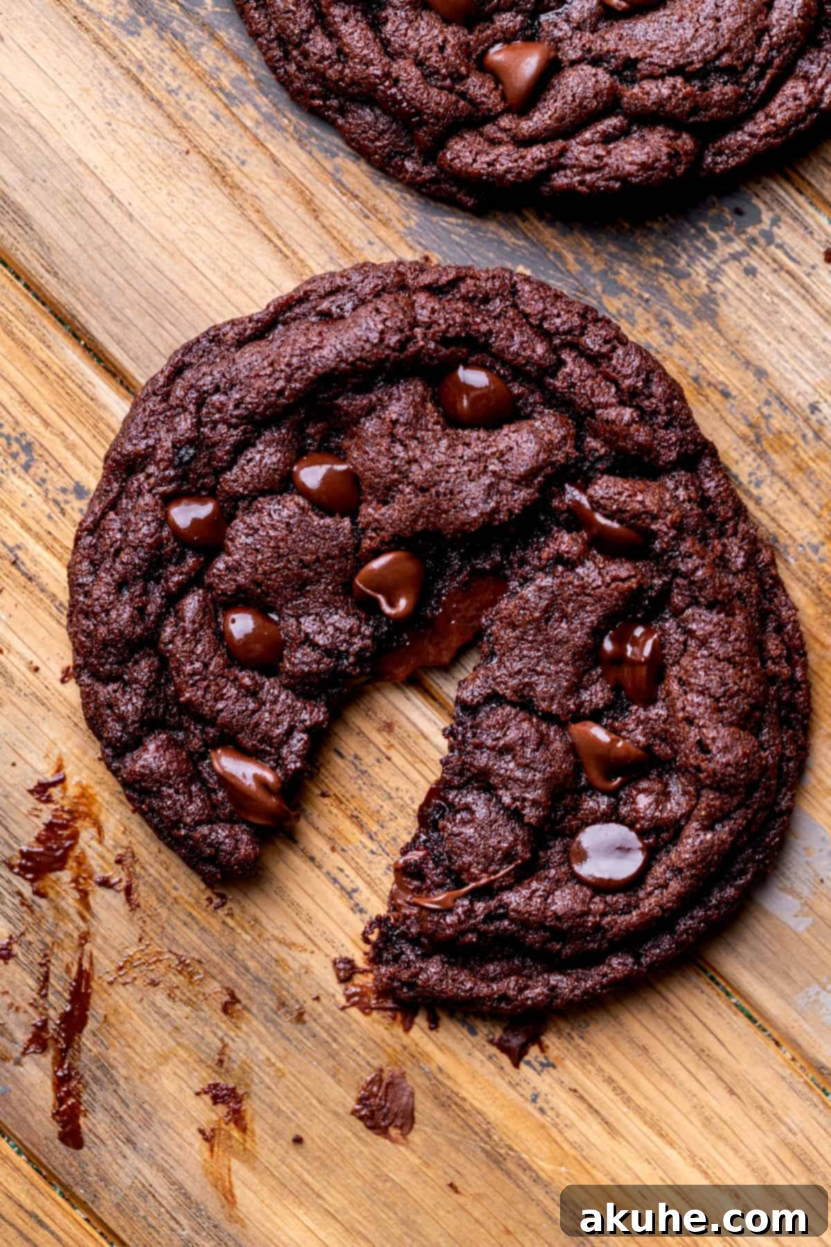 Fudgy Chocolate Delights 9 Close-up of a chocolate fudge cookie split in half, highlighting the thick, gooey chocolate ganache filling.