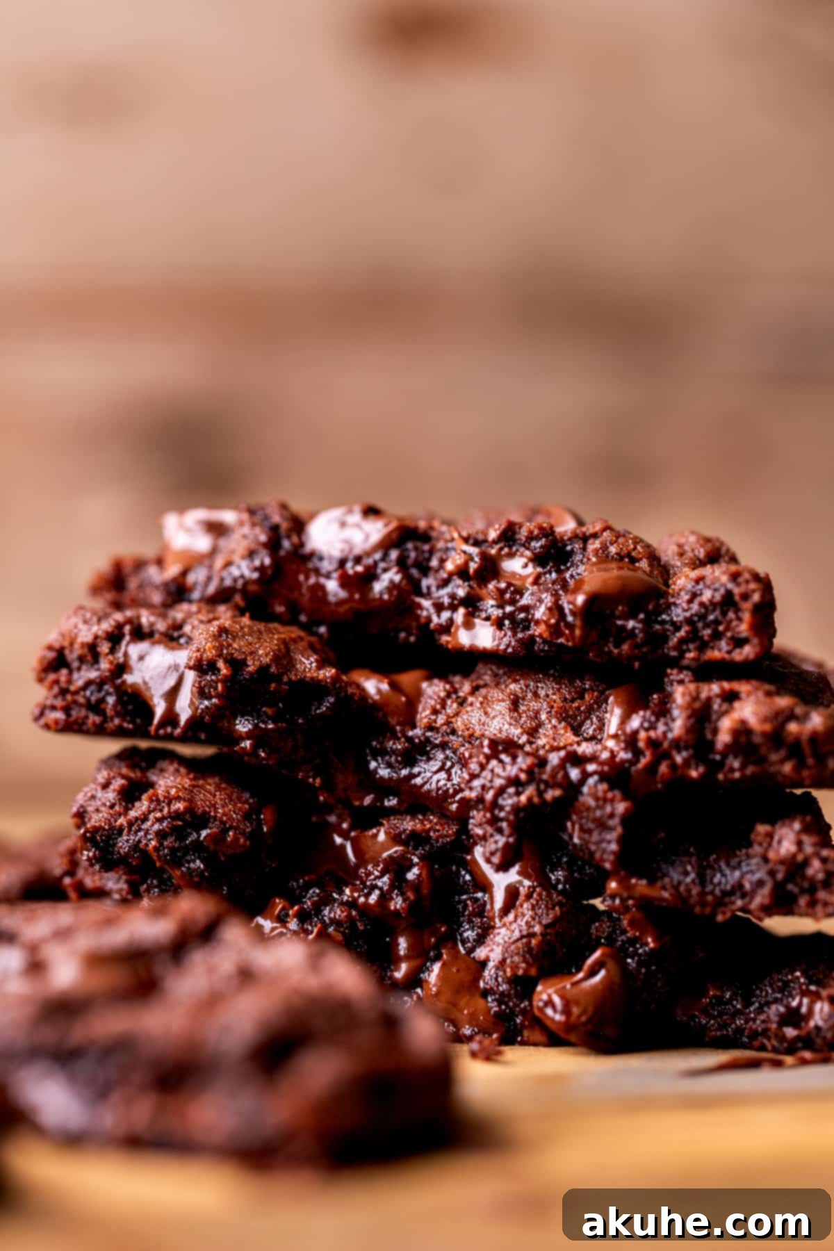Fudgy Chocolate Delights 10 Stack of two chocolate fudge cookies split in half, showcasing their rich color and fudgy ganache filling.