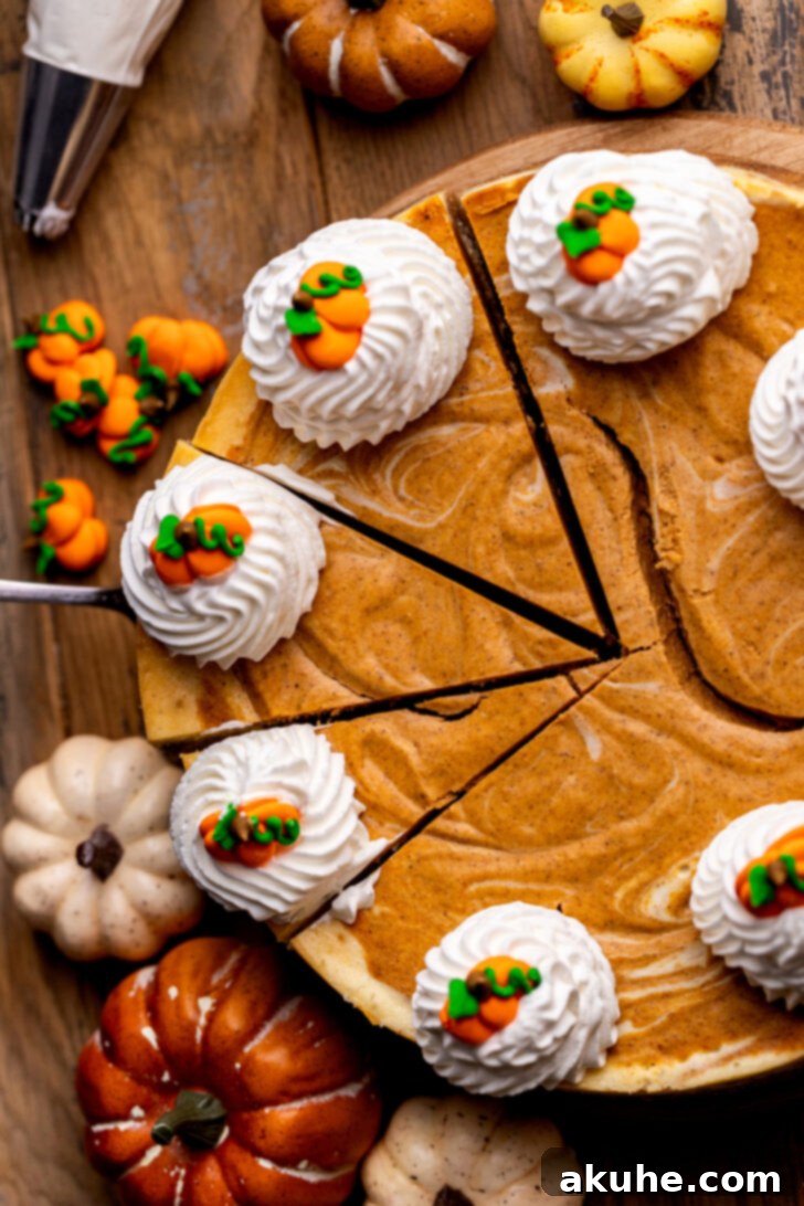 Top view of a beautifully decorated pumpkin cheesecake, ready to be served.