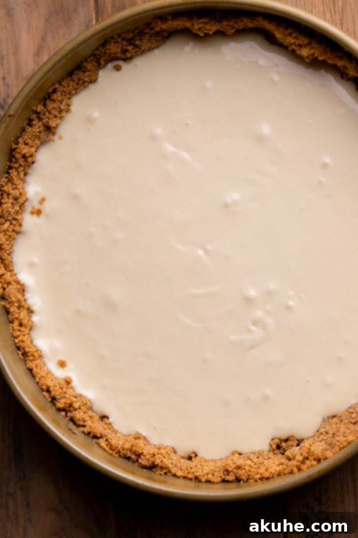 A layer of cheesecake batter on top of the crust, ready for swirling.