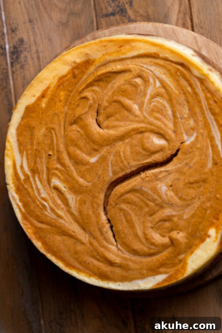 A freshly baked cheesecake on a platter, ready for cooling and decorating.