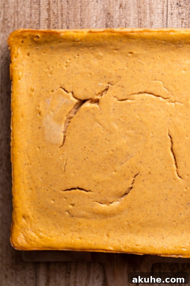 Spiced Pumpkin Caramel Cheesecake Bars 7 Freshly baked pumpkin cheesecake cooling on a wooden platter, showing its golden-brown edges and slightly domed center.