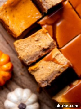 Spiced Pumpkin Caramel Cheesecake Bars 10 Two caramel pumpkin cheesecake bars on their side, with a rich caramel drizzle, showcasing layers.
