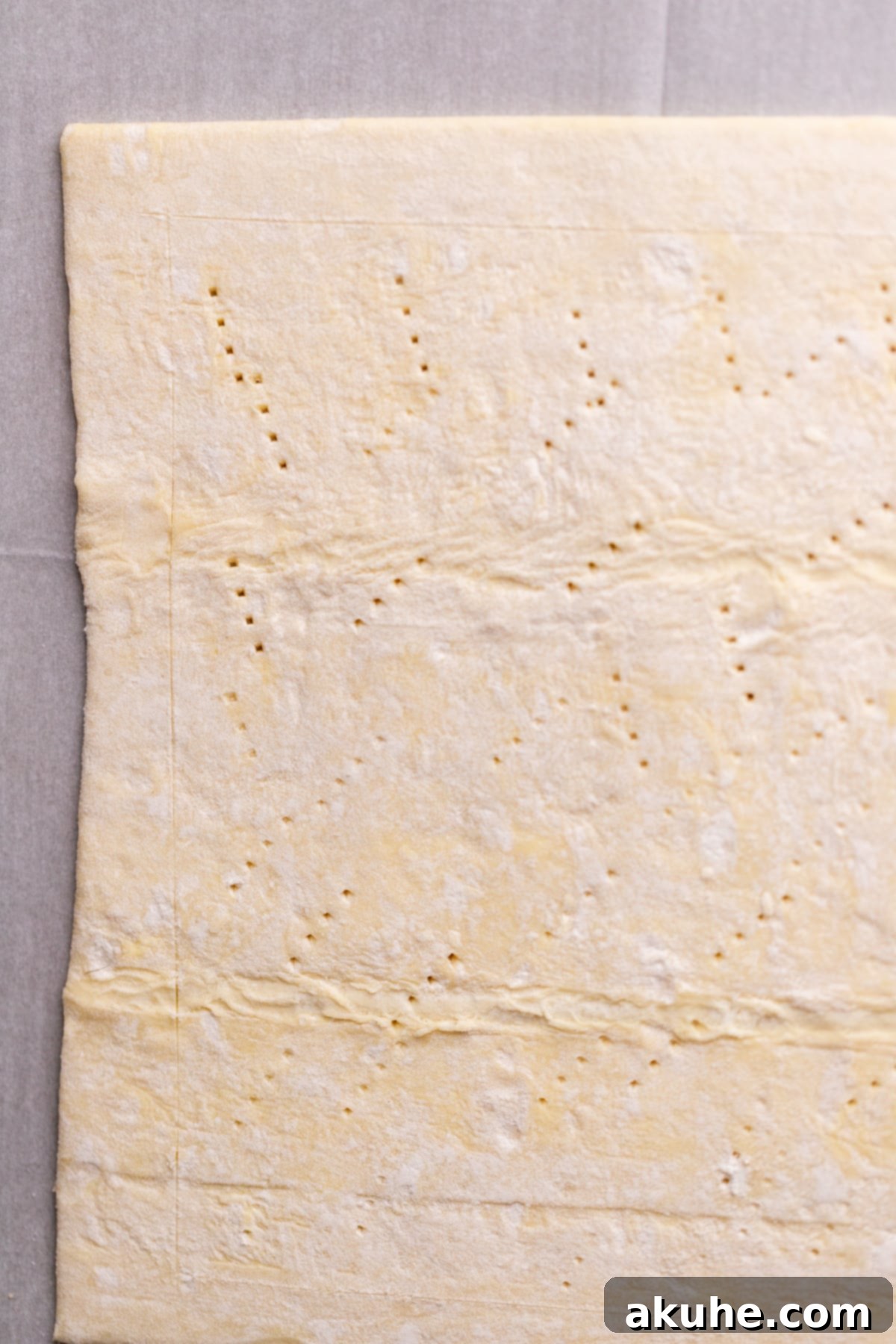 Golden Apple Puff Tart 6 A sheet of thawed puff pastry laid flat on parchment paper, with scored edges visible, ready for filling.