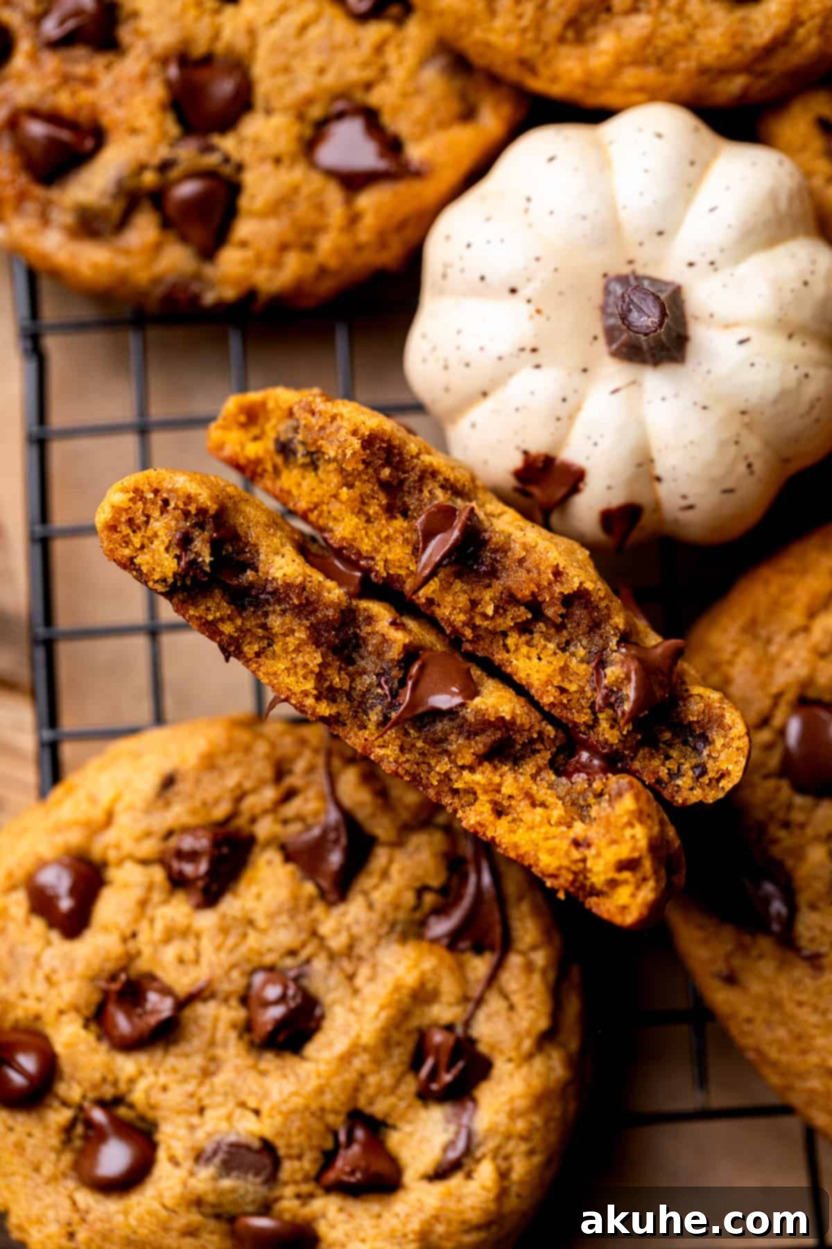 Spiced Pumpkin Chocolate Chip Cookies 8 A pumpkin chocolate chip cookie neatly split in half, revealing its moist, spiced interior and generous chocolate distribution.