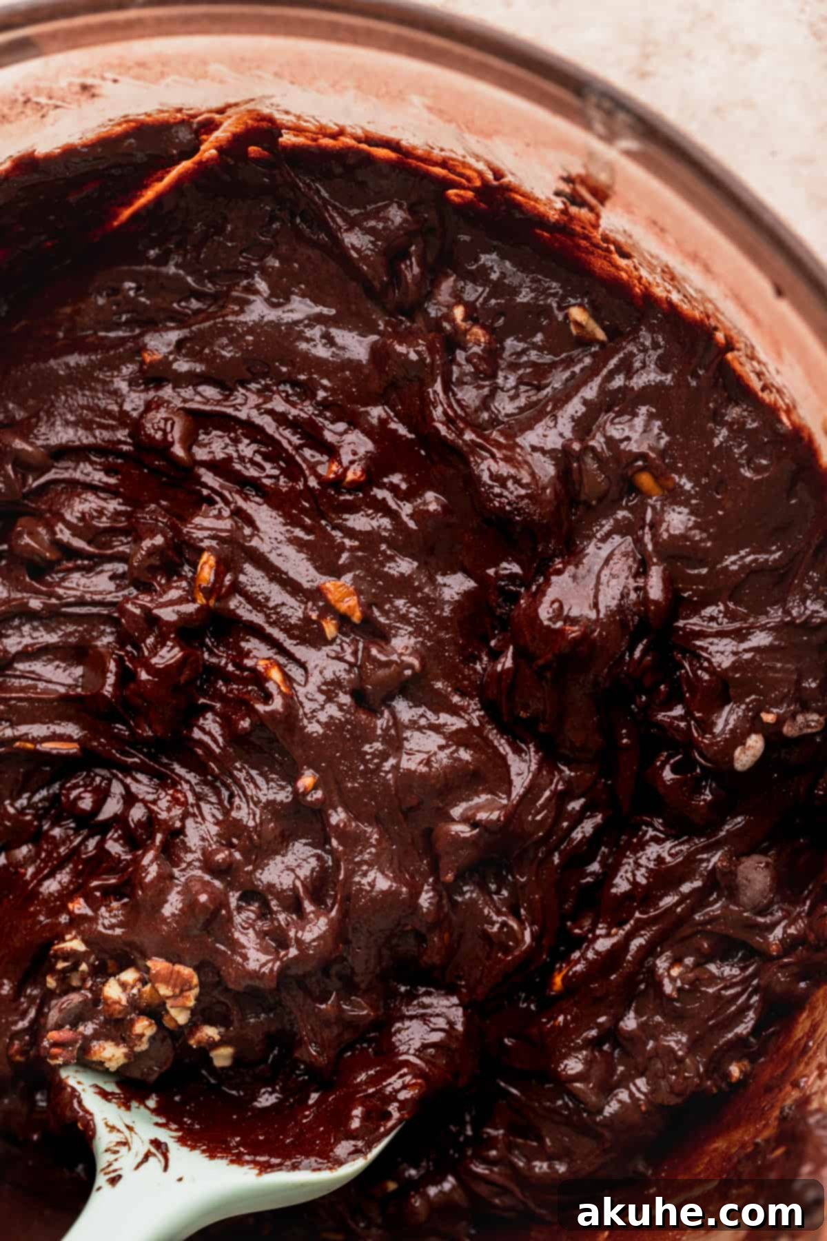 Pecan Caramel Fudge Brownies 6 Smooth, rich brownie batter in a glass mixing bowl.