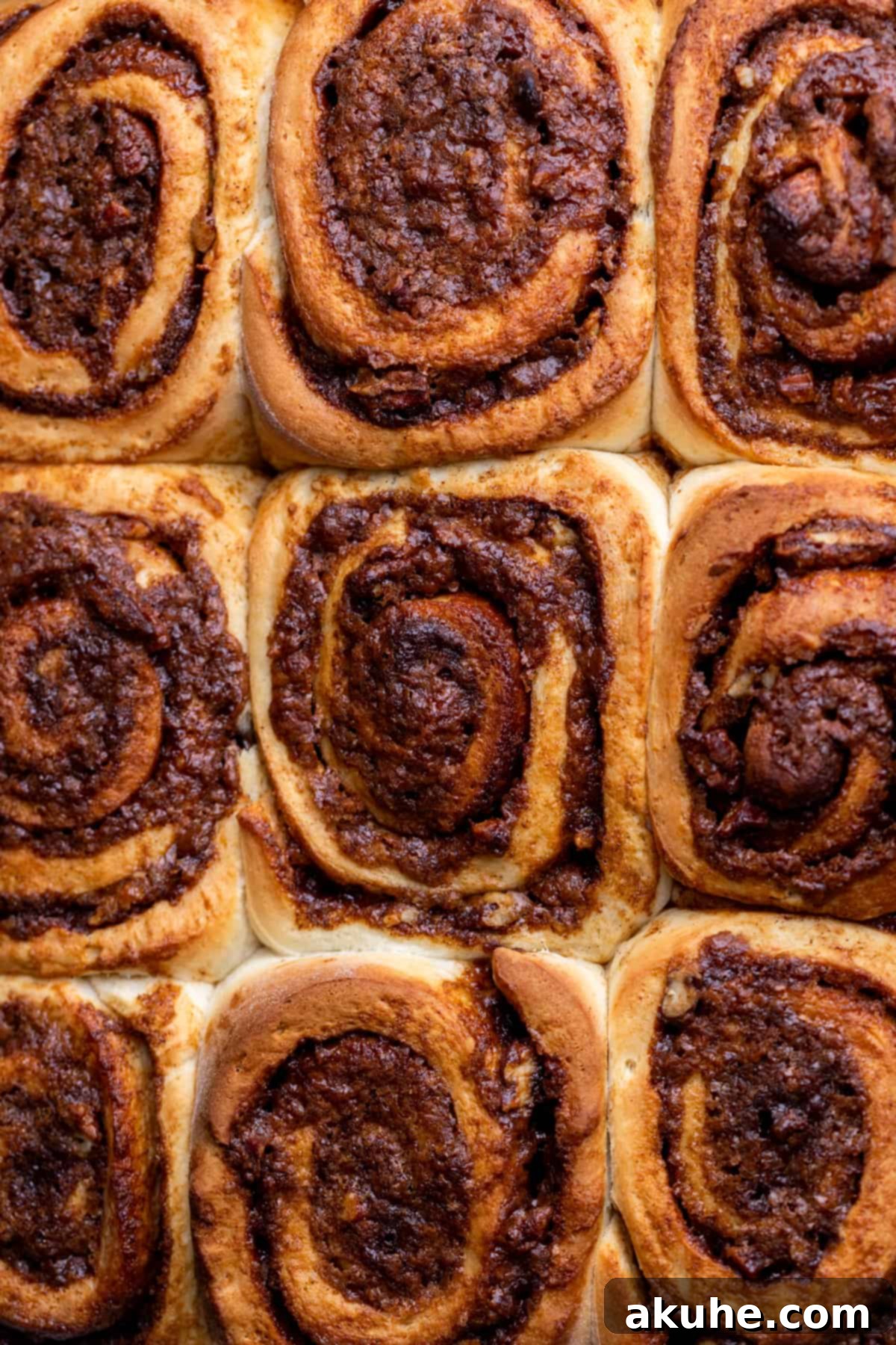 Golden-brown, freshly baked cinnamon rolls in a pan, still warm from the oven.