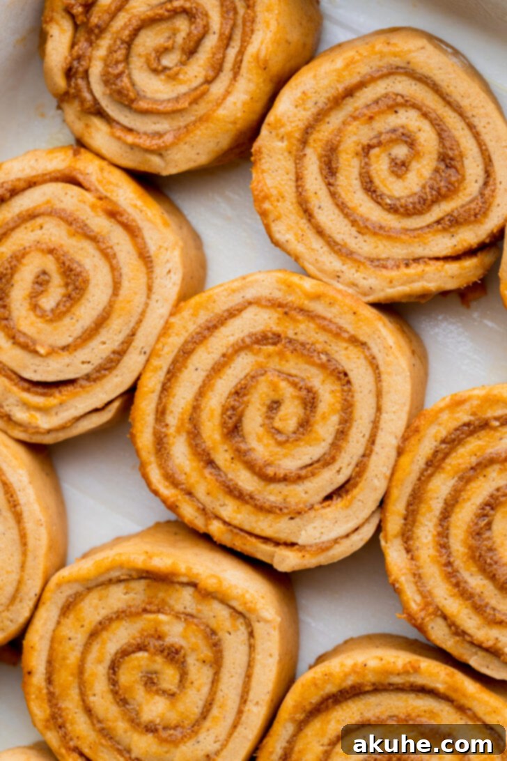 Raw, unbaked pumpkin cinnamon rolls neatly arranged in a baking pan, ready for their second rise.