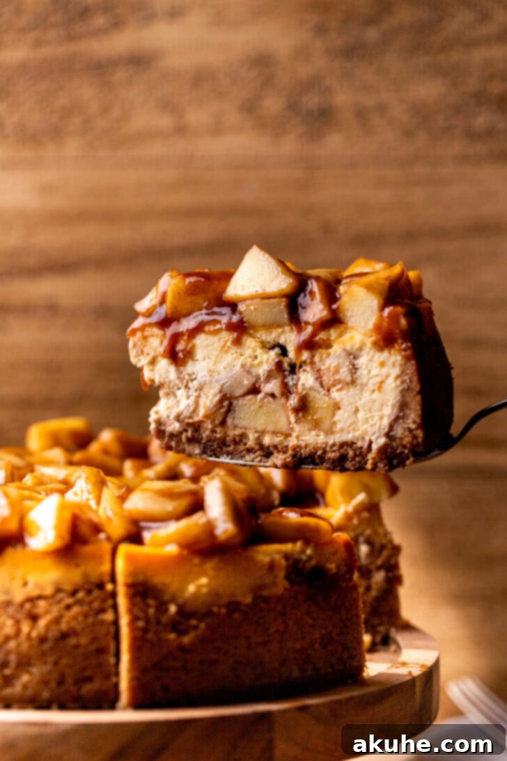 Spiced Apple Pie Cheesecake 11 A slice being carefully removed from the baked Apple Pie Cheesecake, showing the layers.