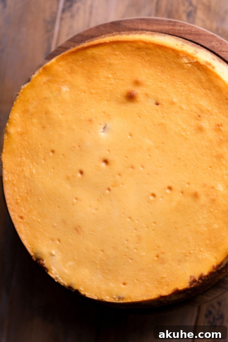 Spiced Apple Pie Cheesecake 8 Freshly baked cheesecake cooling on a wooden board.