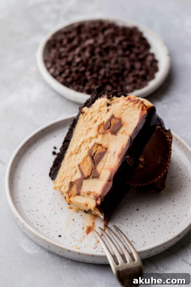 A slice of Reese's peanut butter pie on a plate with a bite taken out, showing the creamy texture and interior.