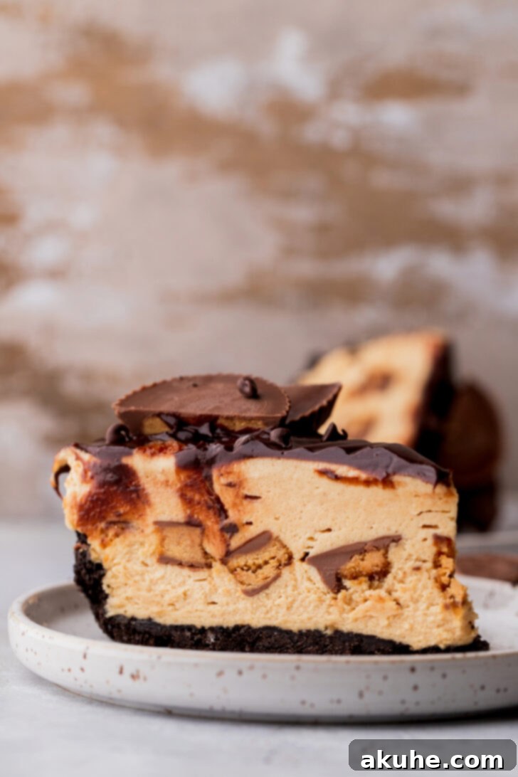 A single, perfectly cut slice of Reese's peanut butter pie on a white plate, showcasing the chocolate ganache and the creamy filling.