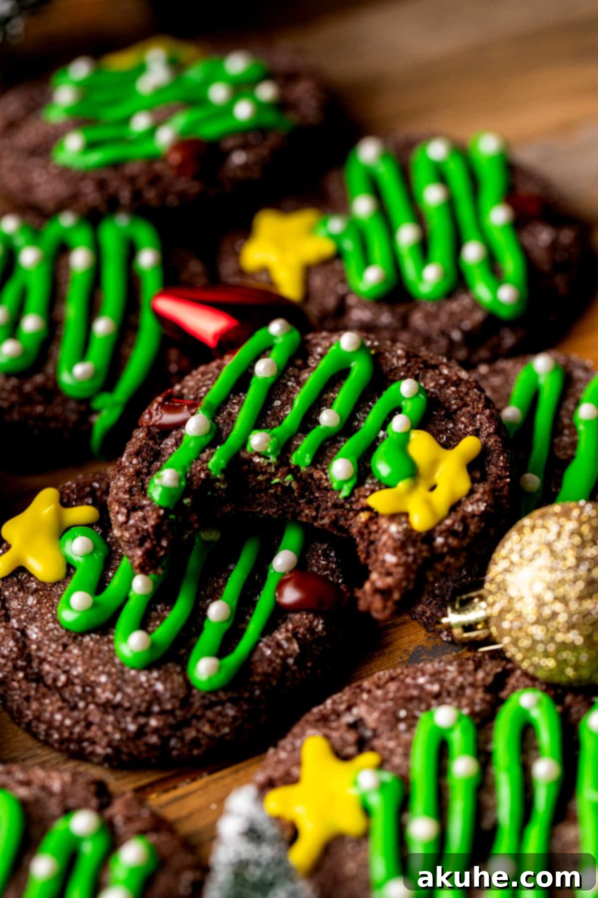 Whimsical Christmas Tree Cookies 13 Bite missing from cookie.