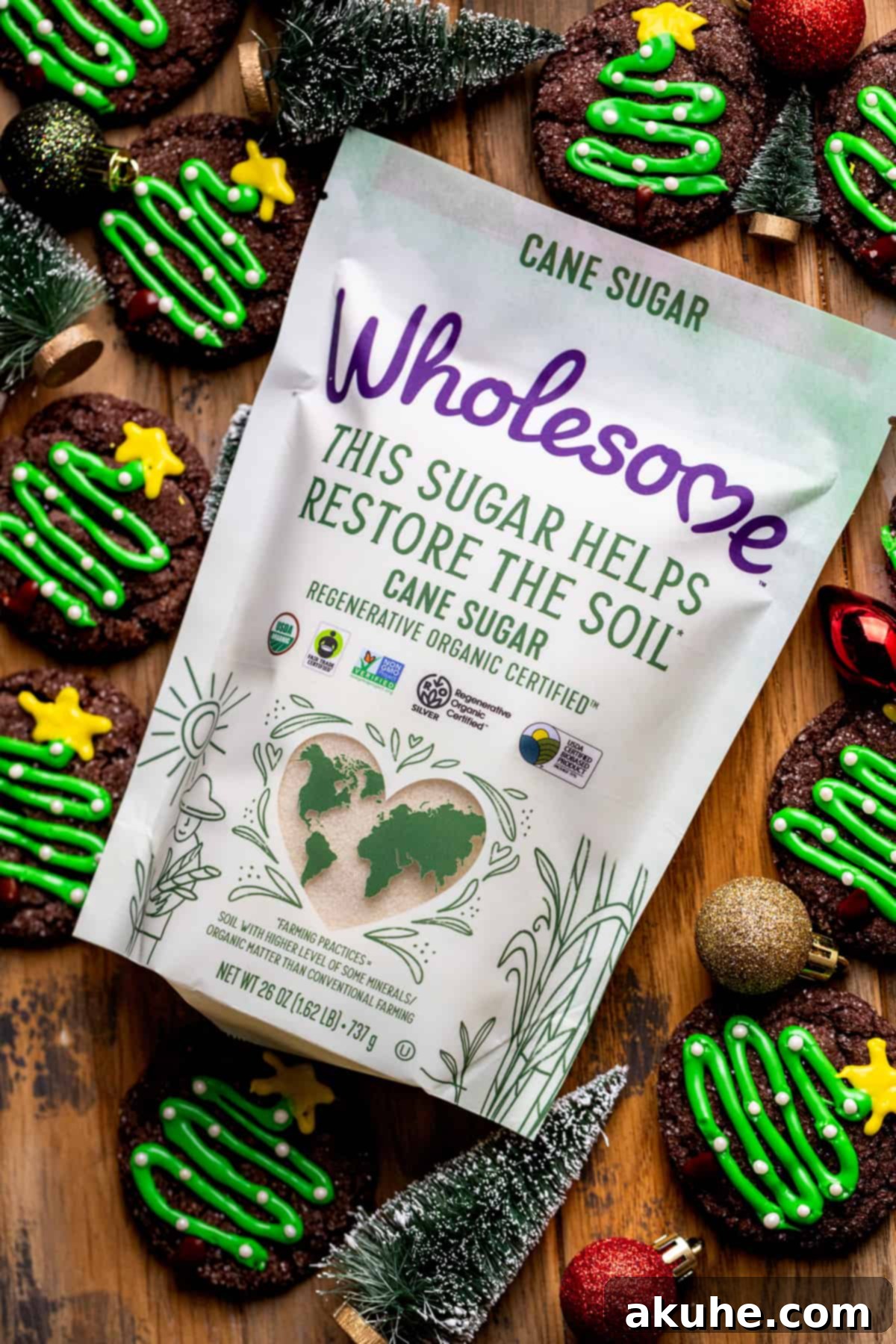 Whimsical Christmas Tree Cookies 3 Bag of sugar with cookies surrounding it.