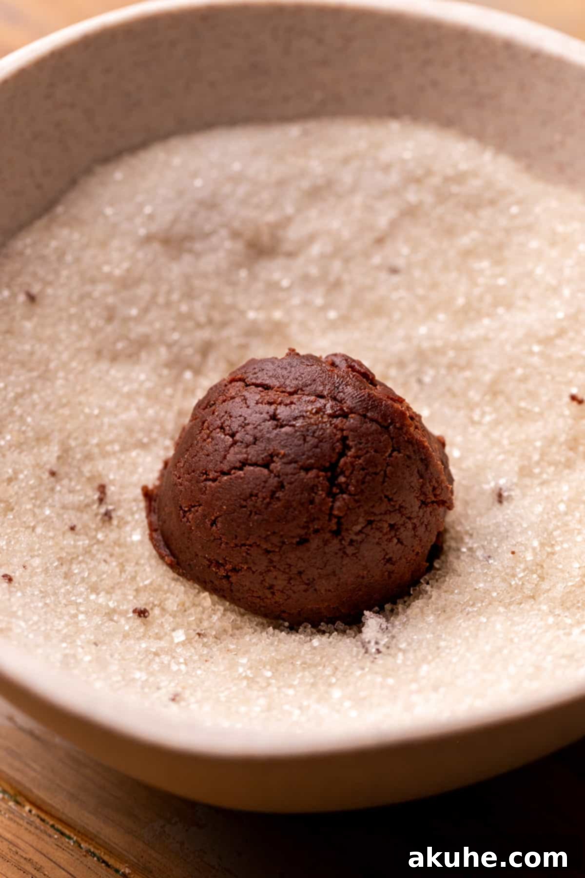 Whimsical Christmas Tree Cookies 6 Cookie dough ball in a bowl of sugar.