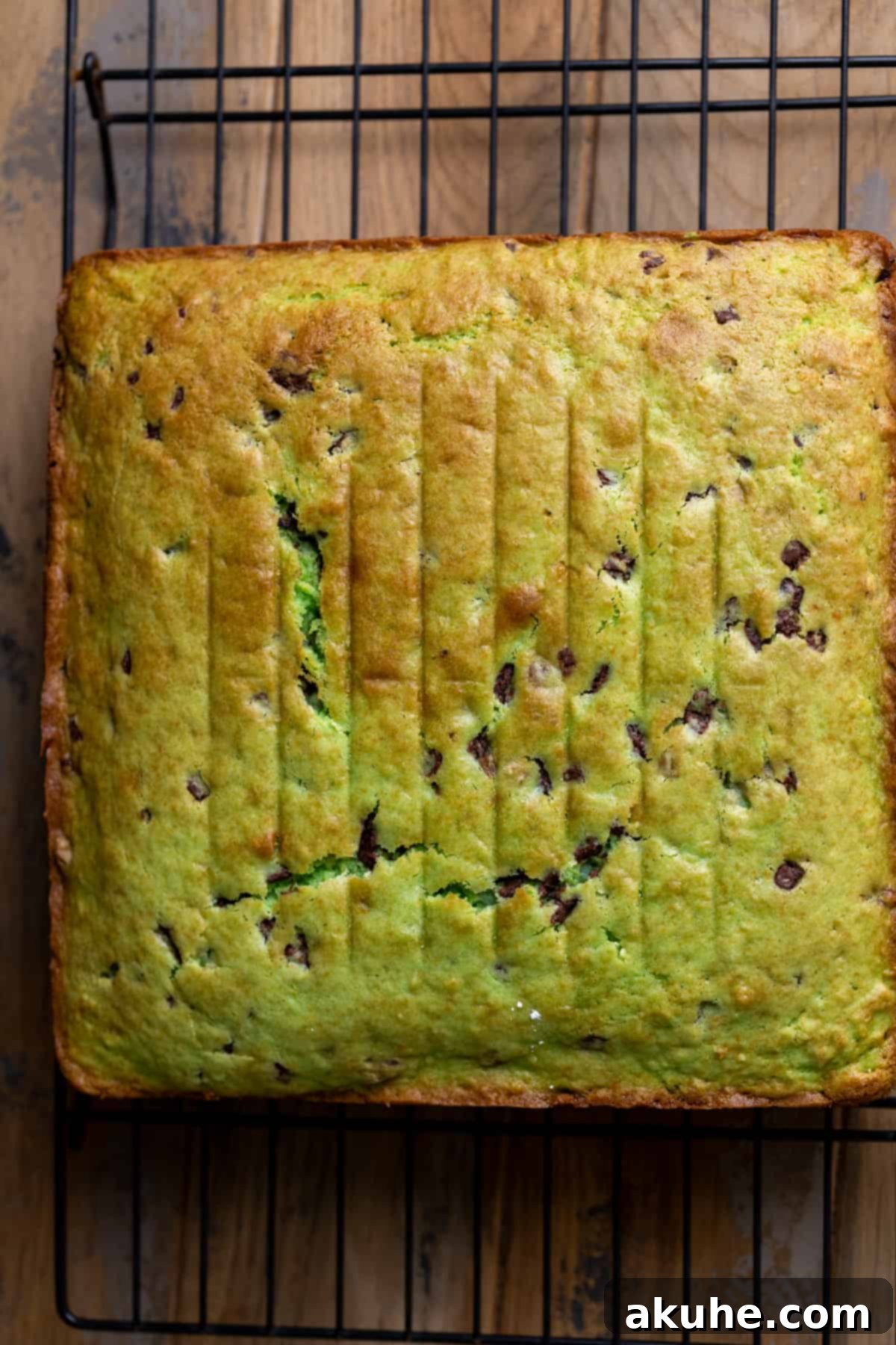Grinchy Holiday Cake 5 A freshly baked green cake resting on a wire rack, cooling down after being removed from the oven.