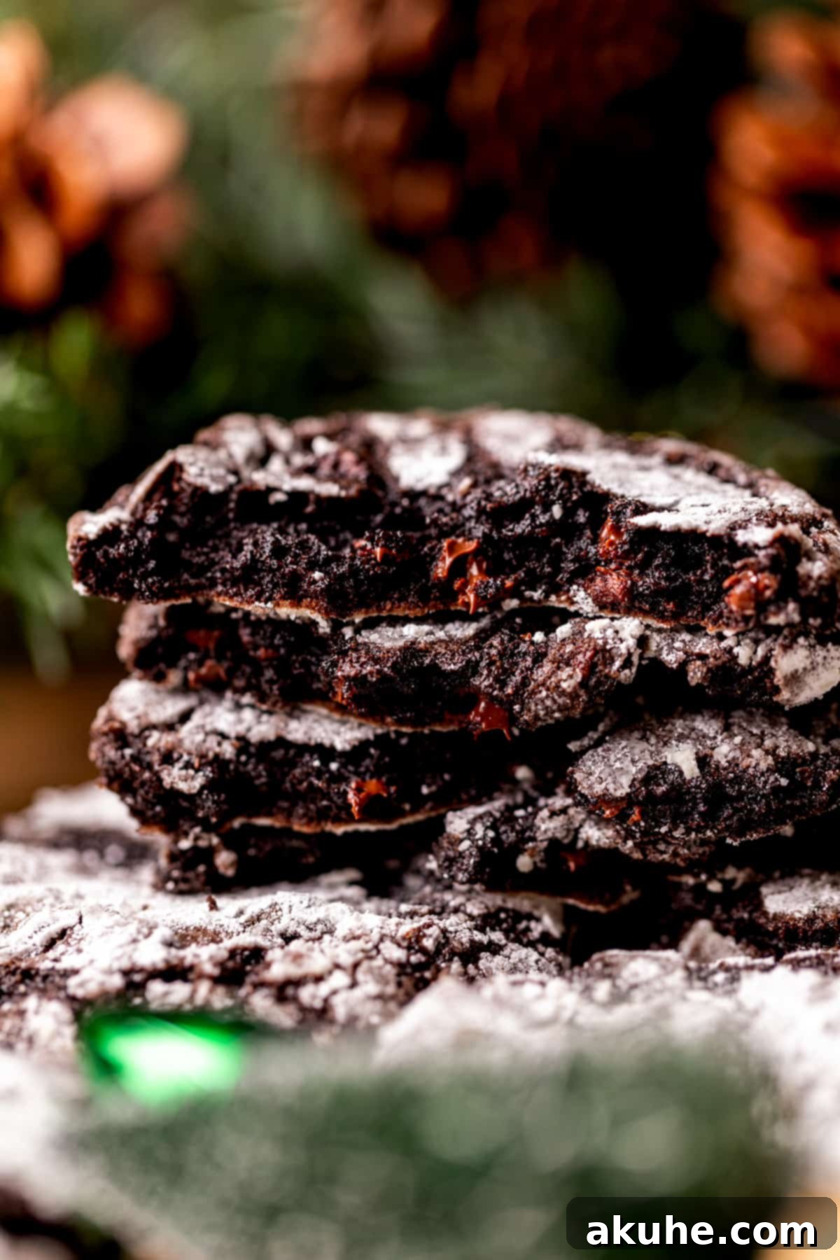 Two chocolate crinkle cookies, one split in half to show the fudgy interior, stacked on top of each other.