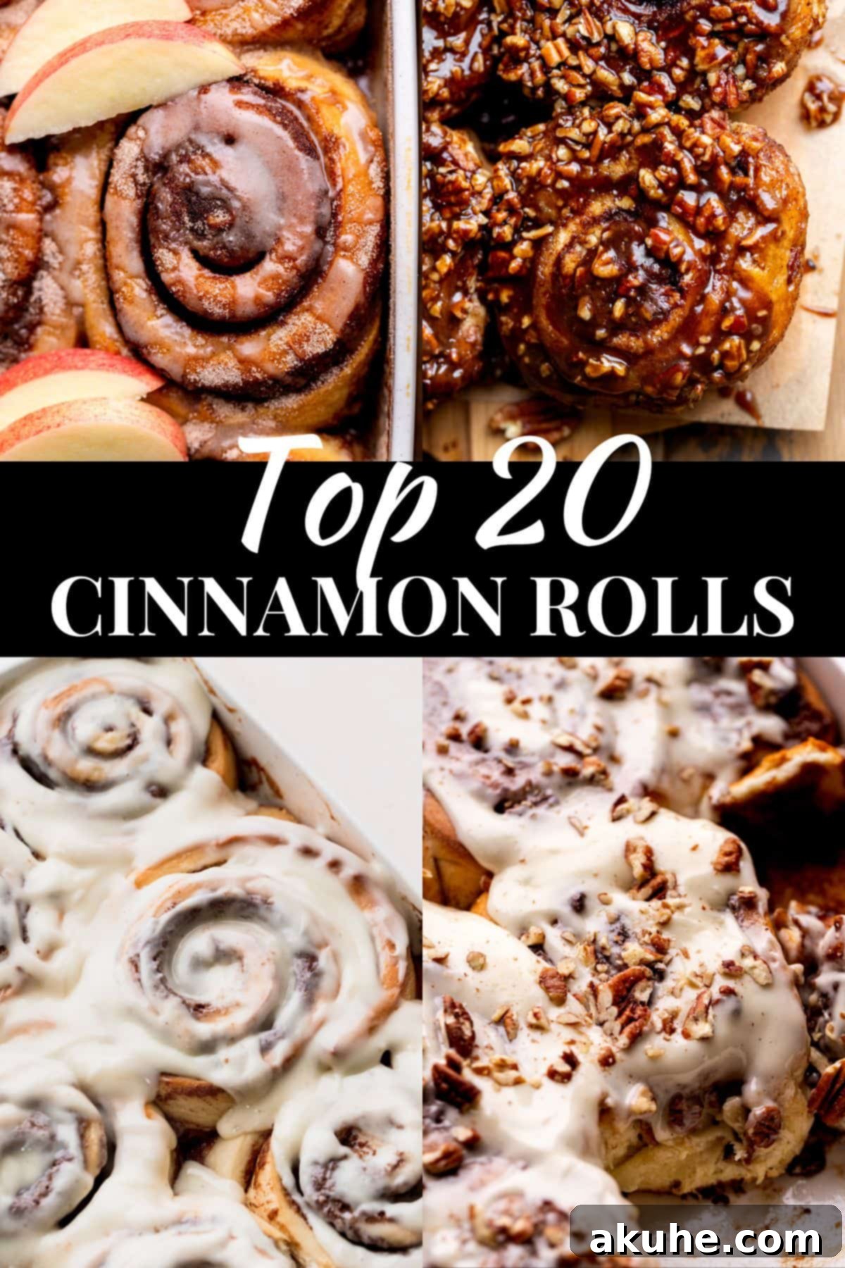 A diverse assortment of perfectly baked and frosted cinnamon rolls, showcasing various toppings and textures, inviting a delightful breakfast experience.