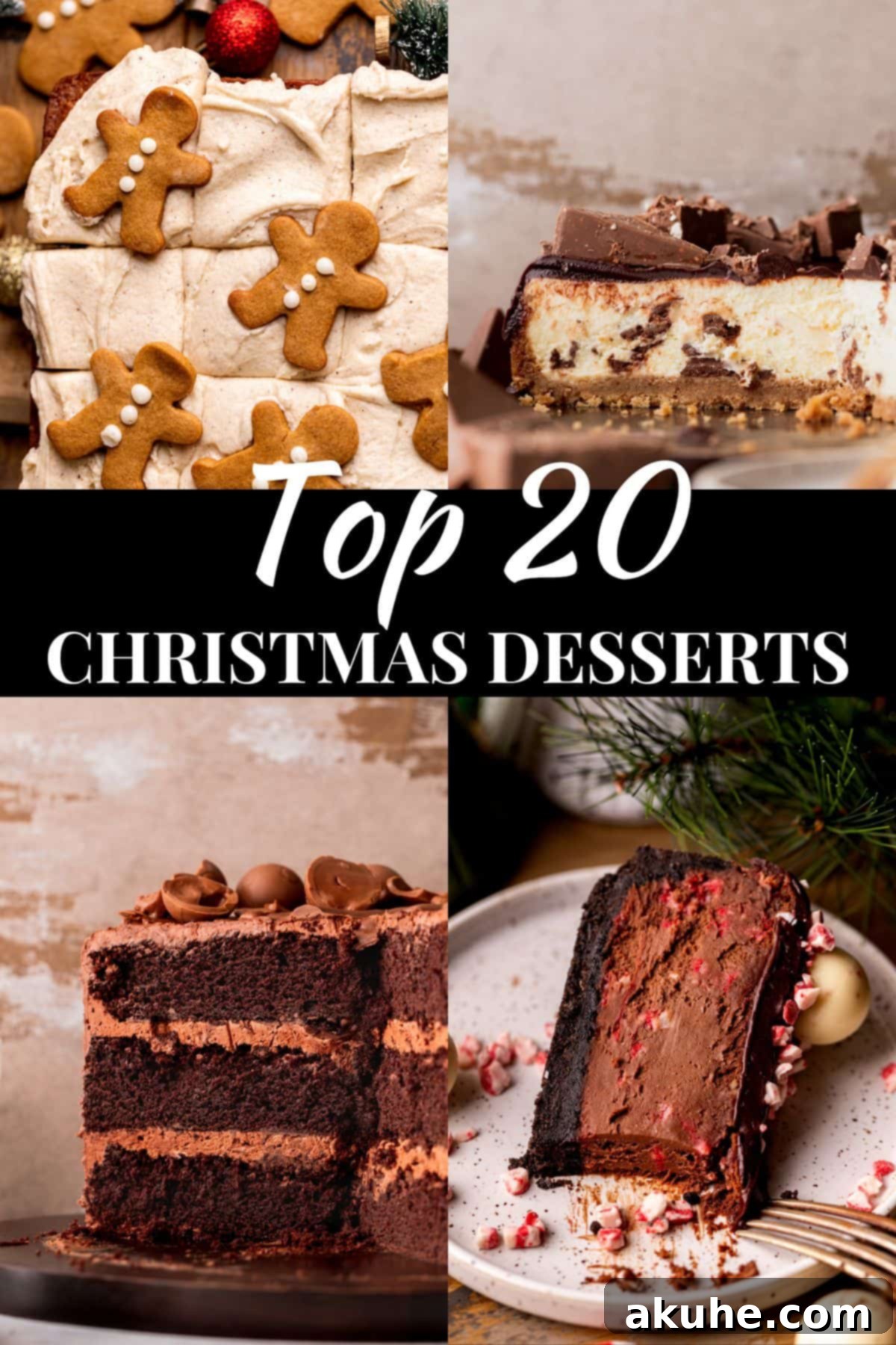 A festive spread of top 20 Christmas desserts, showcasing a variety of cakes and cheesecakes beautifully decorated for the holidays.