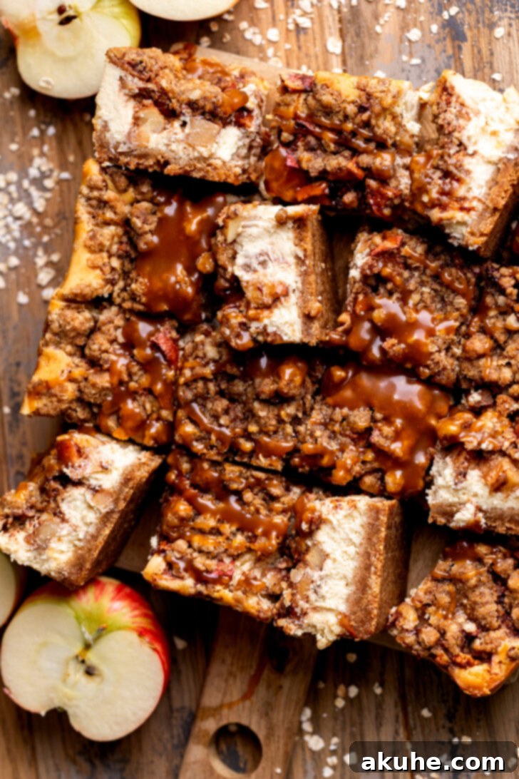 Spiced Caramel Apple Cheesecake Bars 11 Overhead view of caramel apple cheesecake bars, showing the streusel and caramel drizzle.