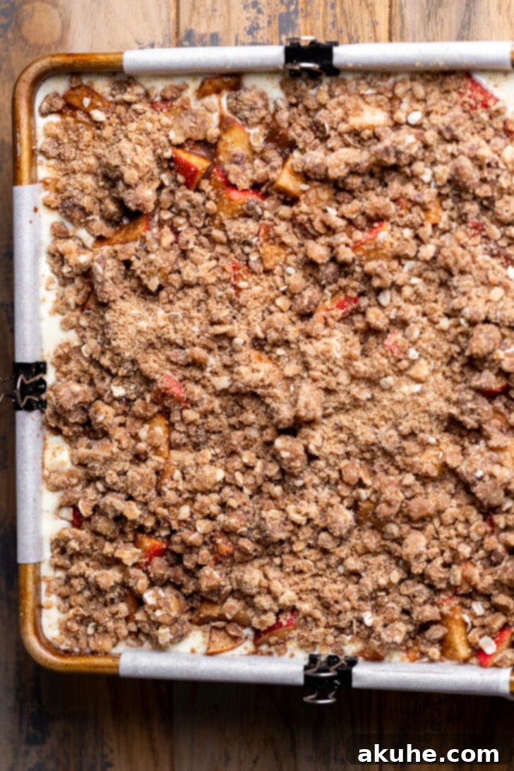 Spiced Caramel Apple Cheesecake Bars 9 Cinnamon oat streusel generously sprinkled over the apples.