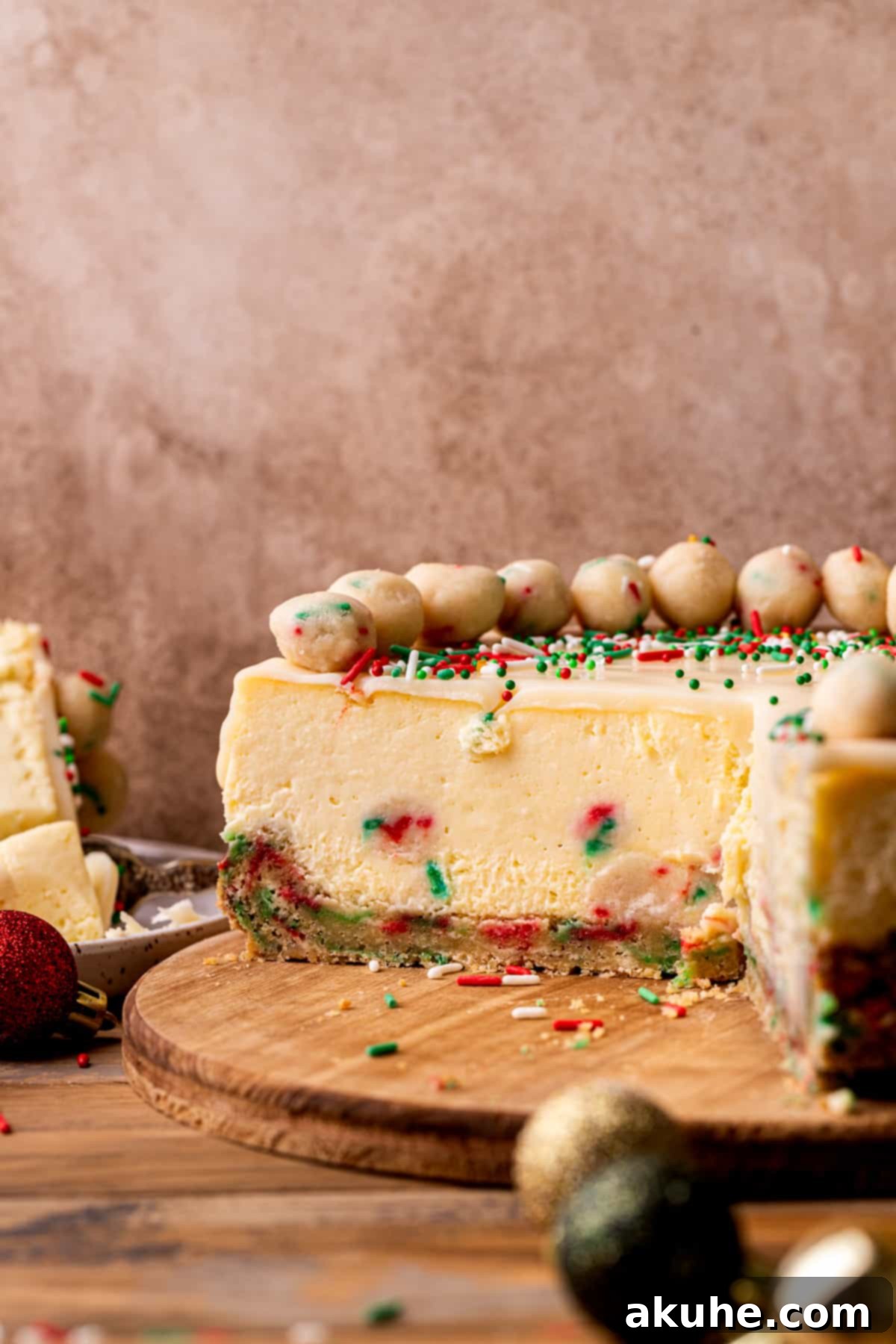 Sugar Cookie Dream Cheesecake 13 A vibrant side view of the complete sugar cookie cheesecake, adorned with white chocolate ganache and festive sprinkles, ready to be served.