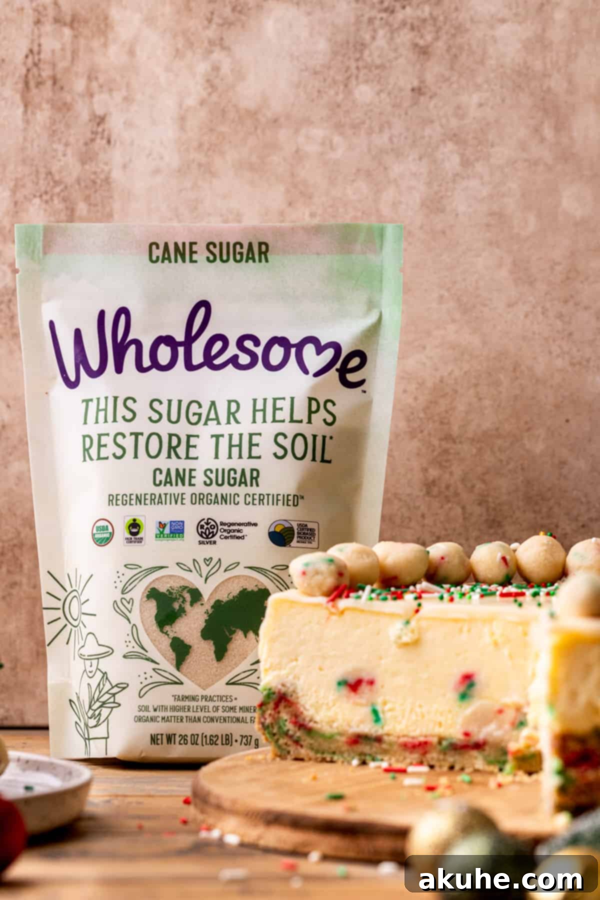 Sugar Cookie Dream Cheesecake 3 A beautifully presented cheesecake on a plate, surrounded by wholesome cane sugar, ready to be enjoyed.