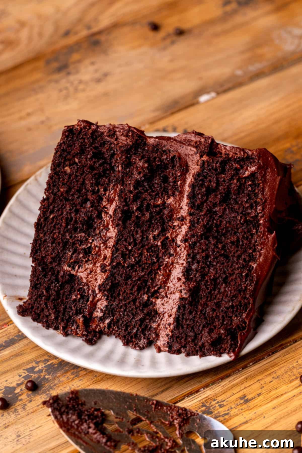 Close-up of a rich, moist slice of chocolate cake on a plate, showing the texture and frosting.