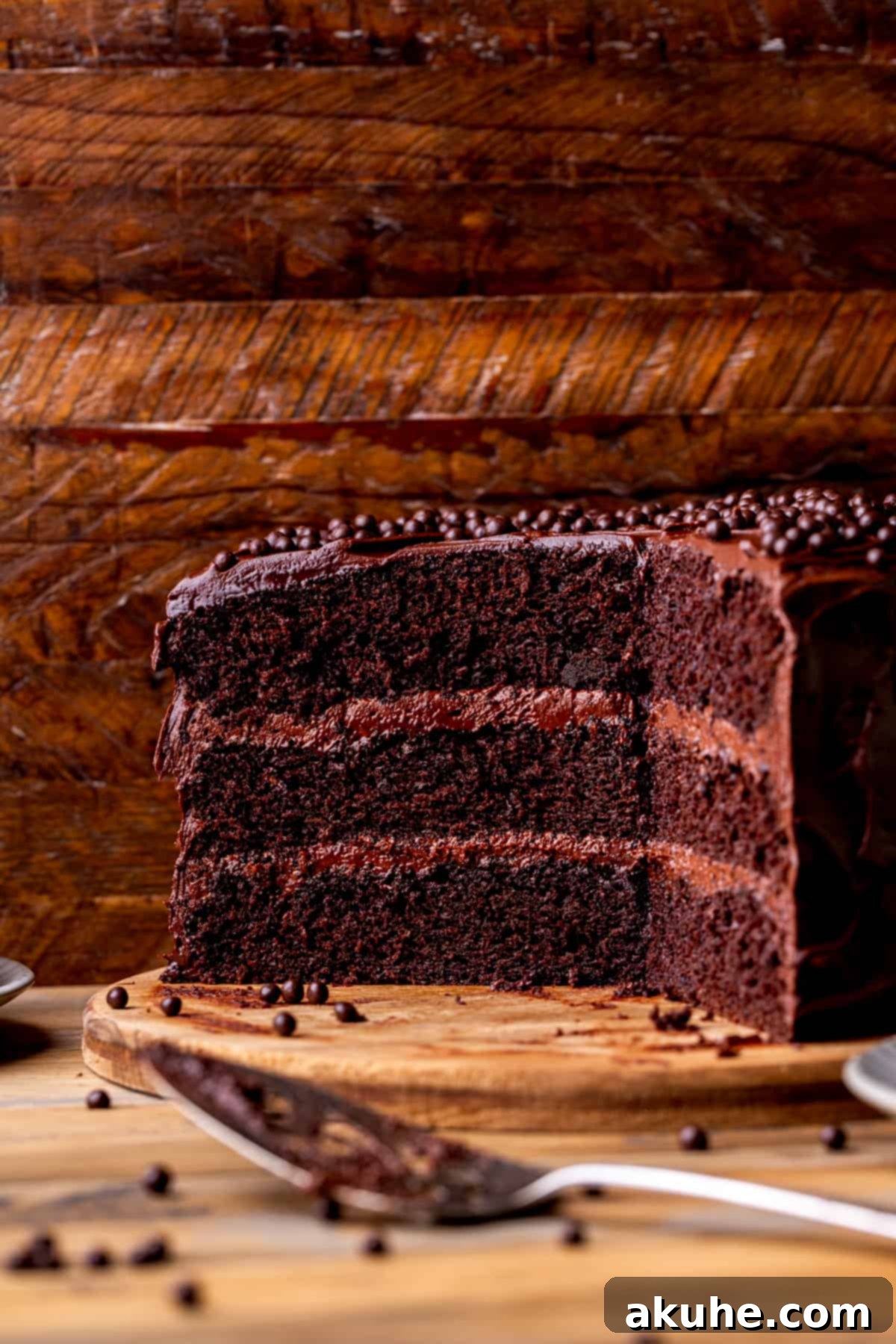 A beautifully frosted chocolate cake displayed on a rustic wooden platter, ready to be served.