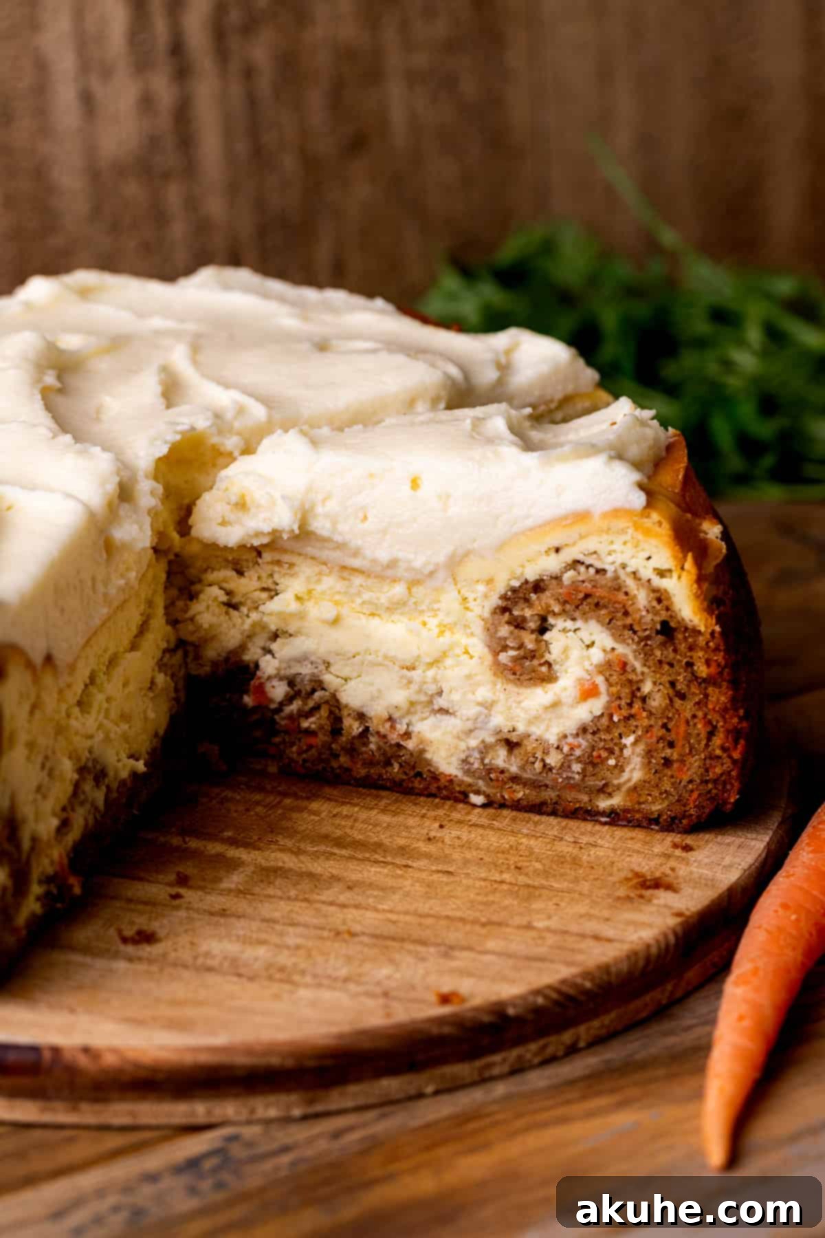 Carrot Cake Swirl Cheesecake 2 A delectable slice of carrot cake cheesecake on an elegant platter, showcasing its distinct layers.