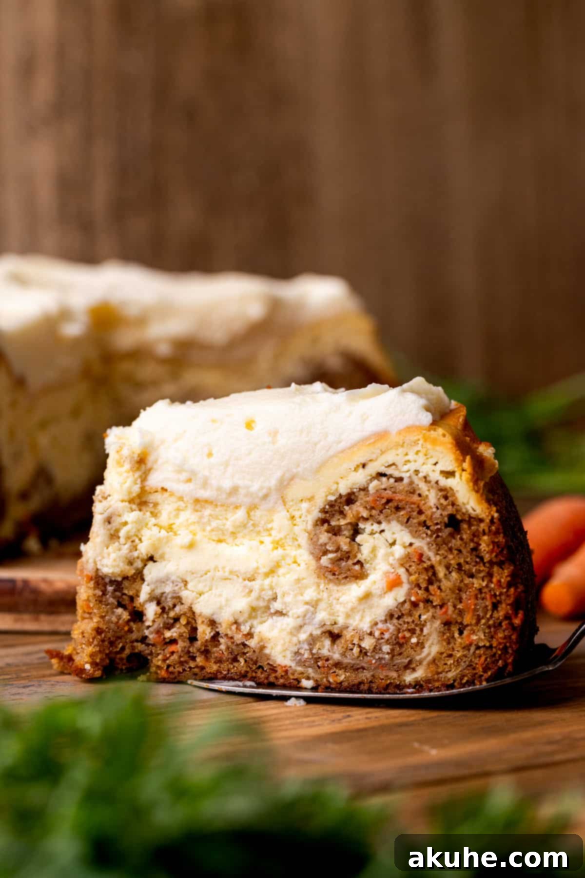 Carrot Cake Swirl Cheesecake 3 A close-up of a perfectly baked carrot cake cheesecake, showing the rich, swirled layers of cake and cheesecake.