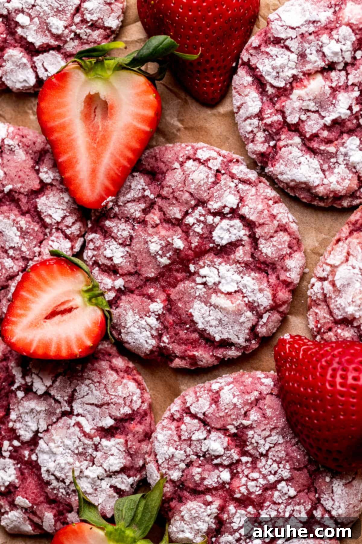 Pink Strawberry Crinkle Delights 2 Top view of strawberry crinkle cookies, showcasing their beautiful powdered sugar coating and pink interior.