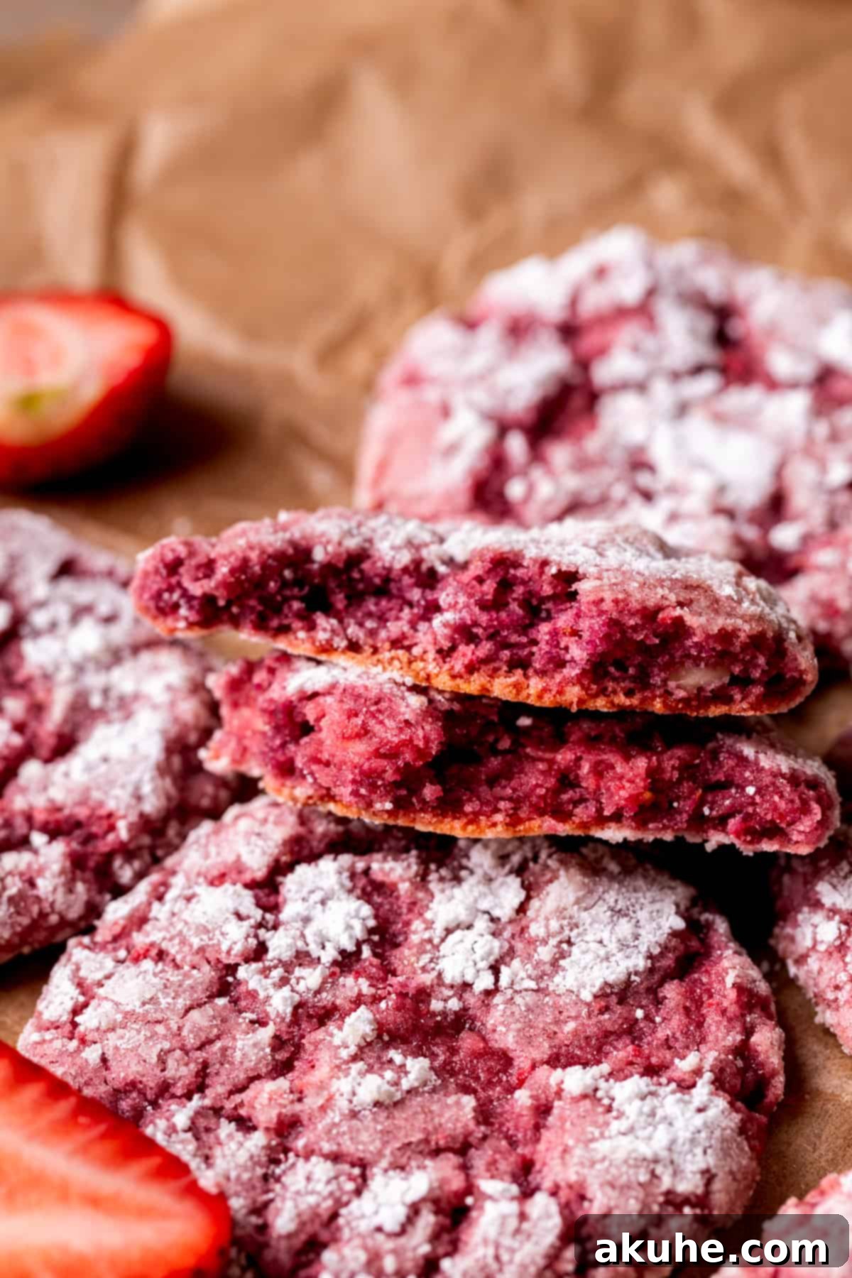 Pink Strawberry Crinkle Delights 11 A single strawberry crinkle cookie split in half, revealing its delightful interior.