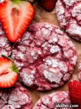 Pink Strawberry Crinkle Delights 12 Top view of strawberry crinkle cookies.