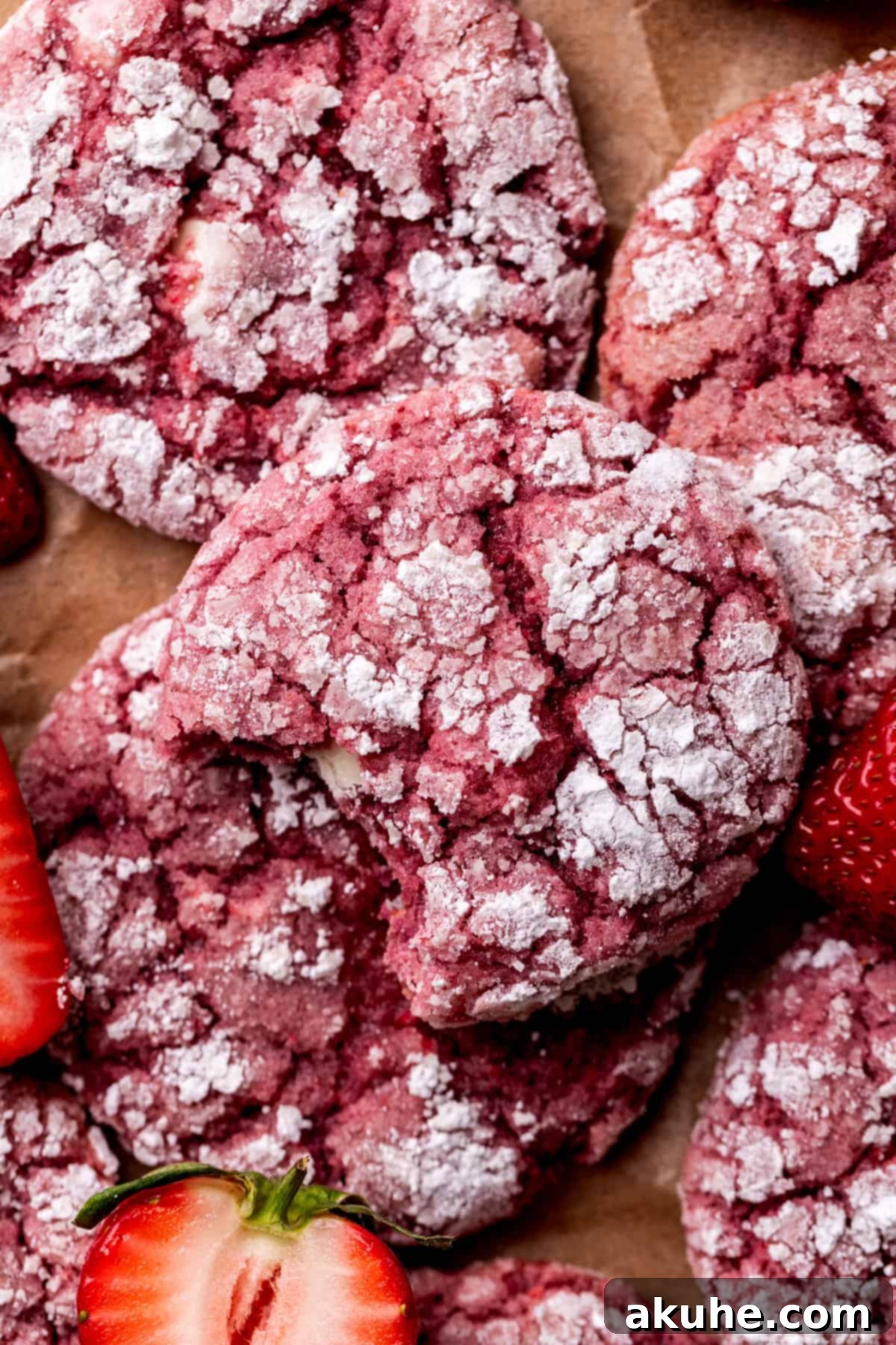 Pink Strawberry Crinkle Delights 3 Top view of a strawberry crinkle cookie with a bite missing, showing the soft, pink interior and white chocolate chips.