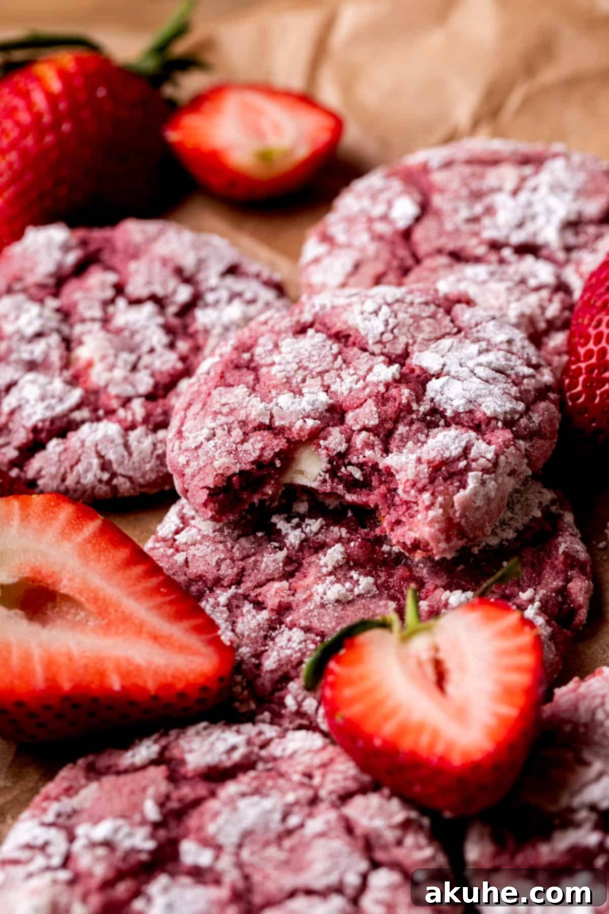 Pink Strawberry Crinkle Delights 9 A strawberry crinkle cookie with a bite missing, showcasing its soft, pink interior.