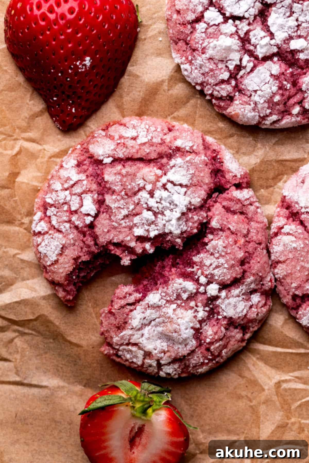 Pink Strawberry Crinkle Delights 10 One strawberry crinkle cookie split in half, showing its moist, tender texture and pink color.