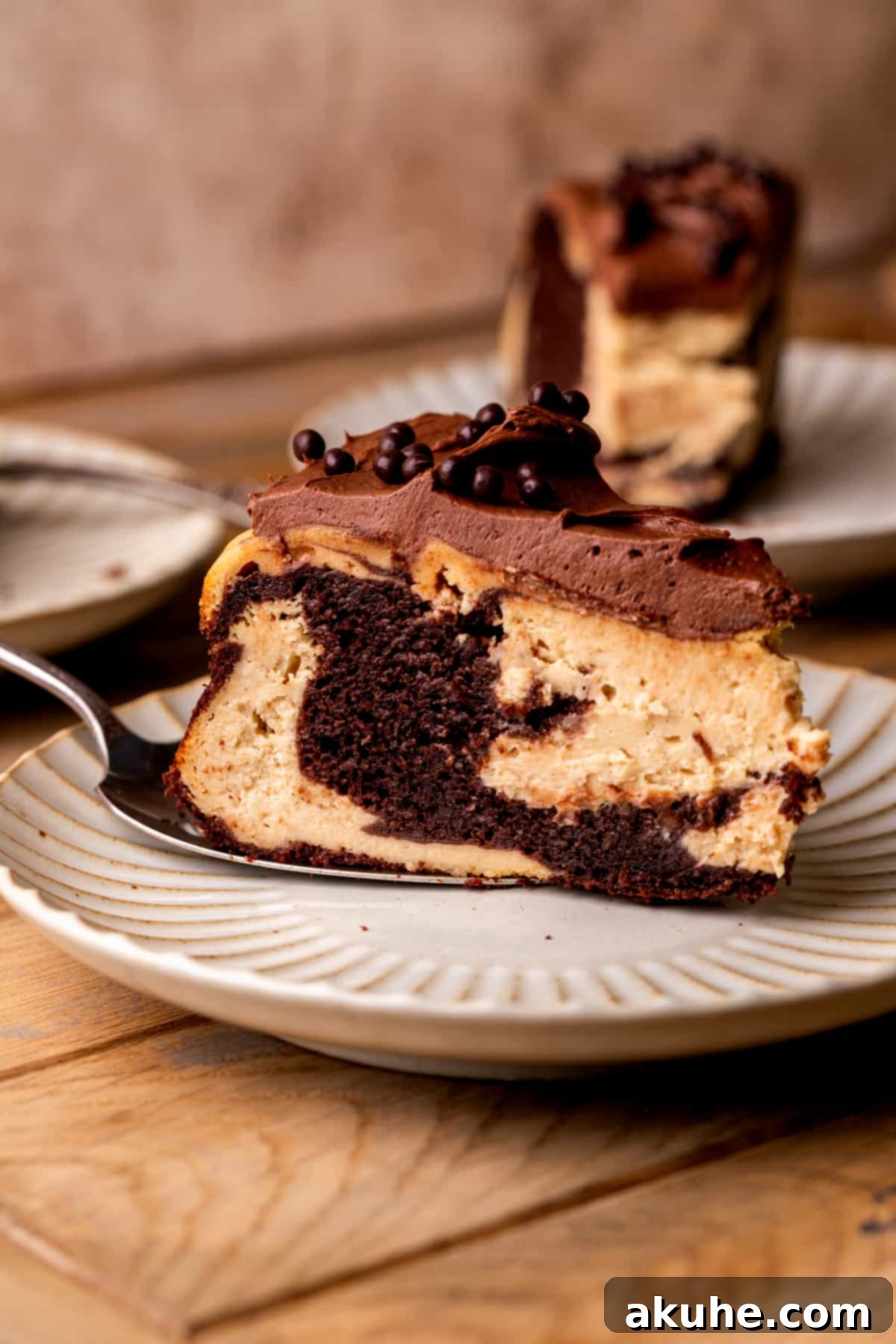 Ultimate Peanut Butter Chocolate Cheesecake 2 A delectable slice of chocolate peanut butter cheesecake resting on a pristine white plate, showcasing its marbled layers and chocolate frosting.