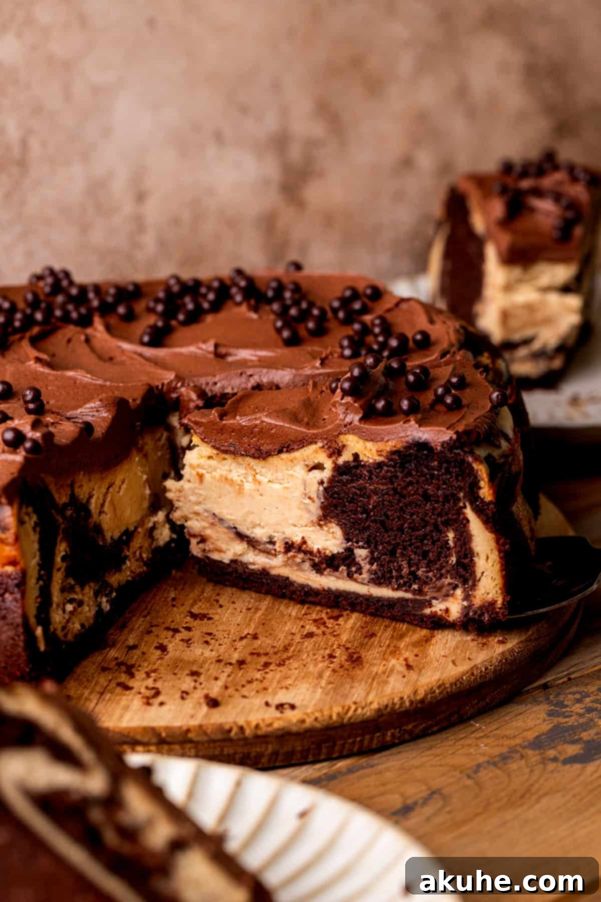 Ultimate Peanut Butter Chocolate Cheesecake 3 A whole chocolate peanut butter cheesecake displayed on a wooden serving board, ready to be sliced.