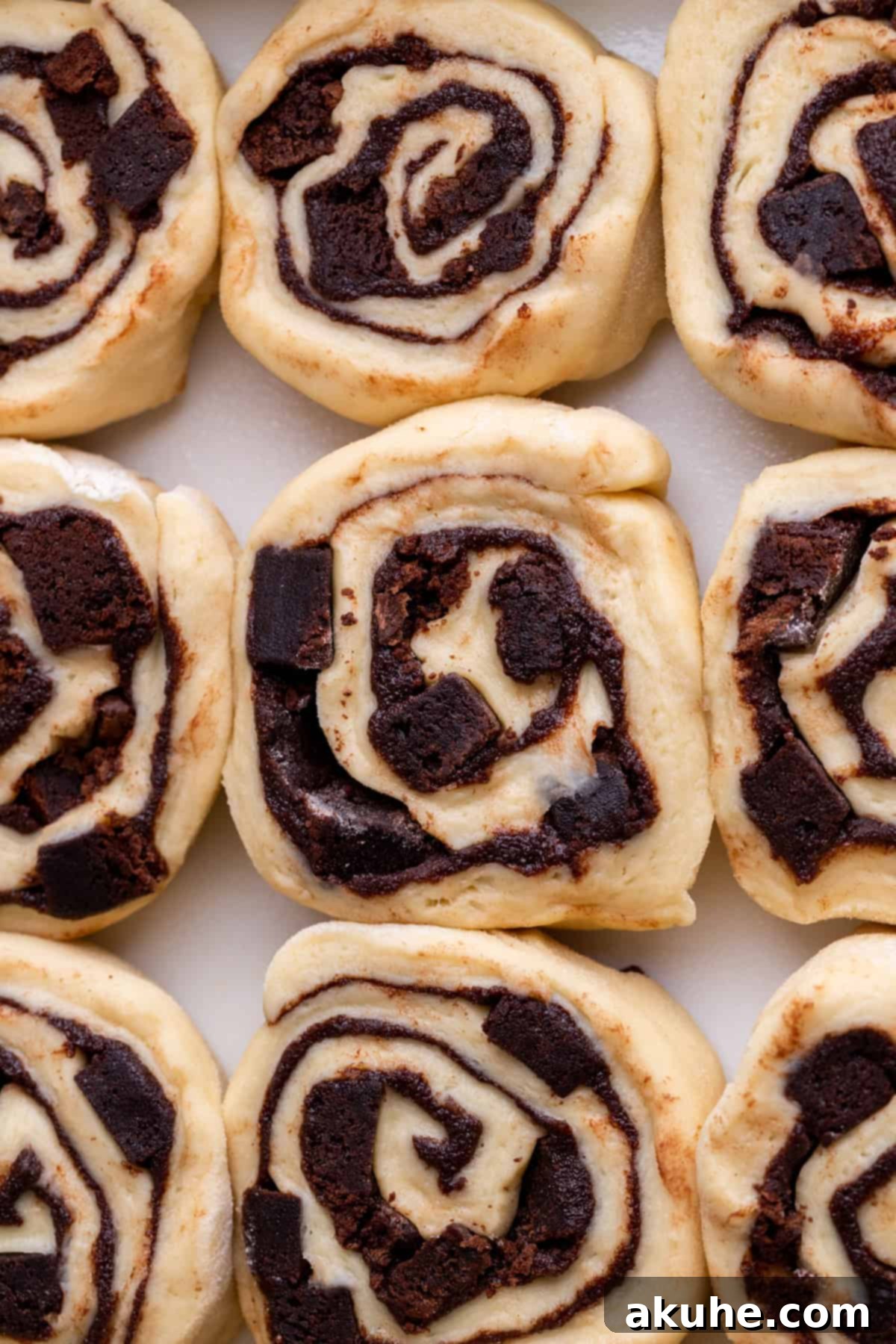 Brownie Swirls 6 Raw brownie rolls arranged in a baking pan.